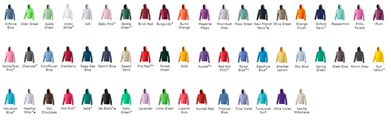 Hoody Colour Chart